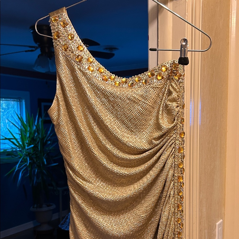Cache Gold One-Shoulder Dress with Embellishments